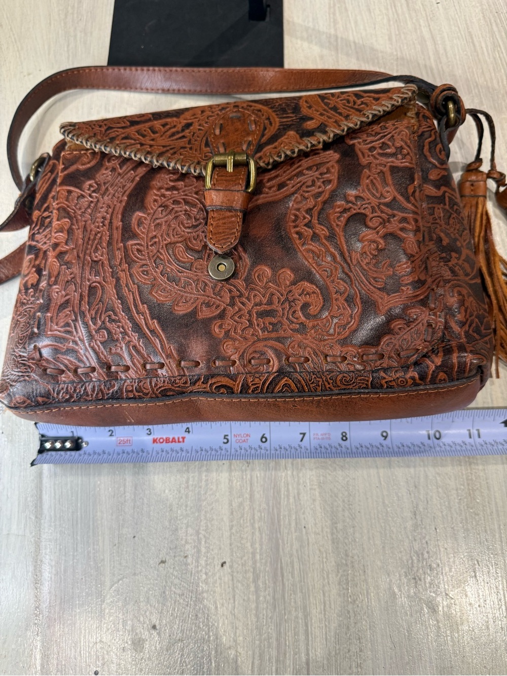 Patricia Nash Chestnut Tooled Leather Crossbody with Tassel - Picture 8 of 13
